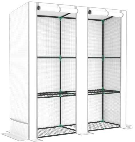 Outsunny Mini serre adossée à 3 niveaux avec housse en polyéthylène renforcé, petite serre portable avec porte enroulable, bordure ourlée grise, 144 x 48 x 152 cm, blanc