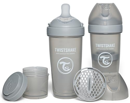 Twistshake 2x Pro Double Biberon Anti-colique avec Récipient à lait en Poudre et Mélangeur - 330 ml | Mamelon en Silicone à Débit Rapide | Sans BPA | Convient aux Bébés à Partir de 4 Mois | Gris