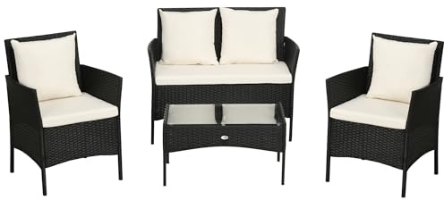 Outsunny Conjunto de Jardín Exterior 4 Piezas Sofá 2 Plazas Crema y Negro | Ratán Sintético, Muebles de Jardín, 2 Sillones, Mesa de Centro con Encimera de Vidrio Templado, Cojines