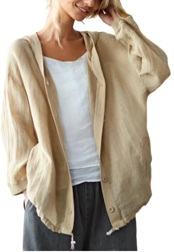Women's Cotton Linen Hooded Solid Color Button Down Cardigan Jacket Long Sleeve Lightweight Loose Cover Up with Pocket