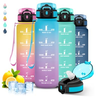 Botella Agua Gimnasio, Botella 1 litro, A Prueba de Fugas, Cantimplora con Pajita, Reutilizable, Water Bottle con Eslogan Motivador, Cantimplora para la Fitness, Senderismo, Acampada, Deportes, Correr