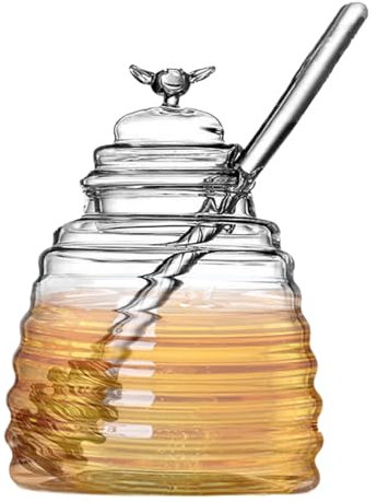 Tarro de miel – Olla de miel clásica de vidrio de 500 ml con cuchara, tarros de vidrio reutilizables a prueba de fugas con tapa, dispensador de miel de vidrio para uso en cocina y almacenamiento de
