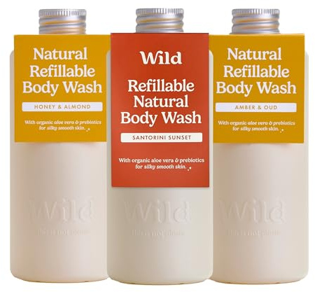Wild Natural Refillable Body Wash 300ml - 3 Pack of Shower Gel Refills in a Variety of Scents - Includes Honey & Almond, Amber & Oud and Santorini Sunset Scents