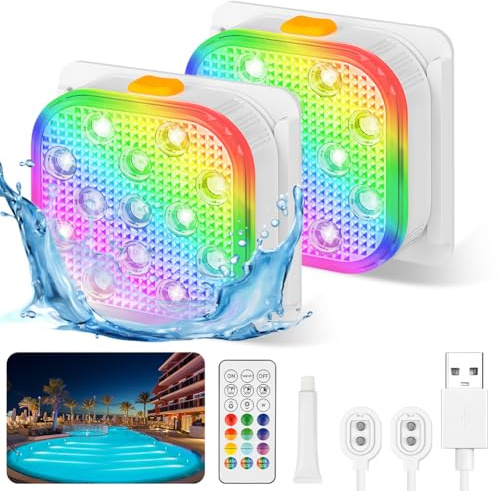 Vicloon Luces LED Sumergibles Recargables, 2PCS Luces LED Piscina Desmontable con Mando, Impermeable IP68, RGB Cambiante Bajo el agua Luz para Fiesta Florero de Navidad Tina de