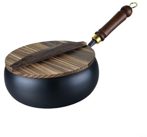 RichVibe Pentola da cucina in ferro forgiato a mano con grande ventre padella in metallo non rivestito con pareti spesse per trattenere il calore, 26,5 cm, nero (pentola da 28 cm + coperchio in legno)