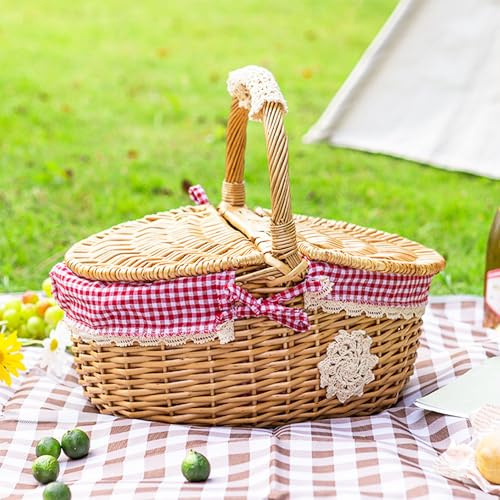 MZSX Panier de pique-nique en osier avec couvercle et poignée, doublure décorative, récolte de jardin, randonnée, mariage, jardin, organisation de la maison, camping