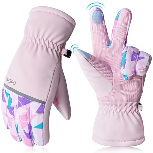 GoSkala Guanti Invernali Bambino, Guanti Termici Ciclismo Impermeabili, Antiscivolo con Touchscreen da Portiere, Ciclismo, Calcio, Sci, Rosa, 4-12 Anni