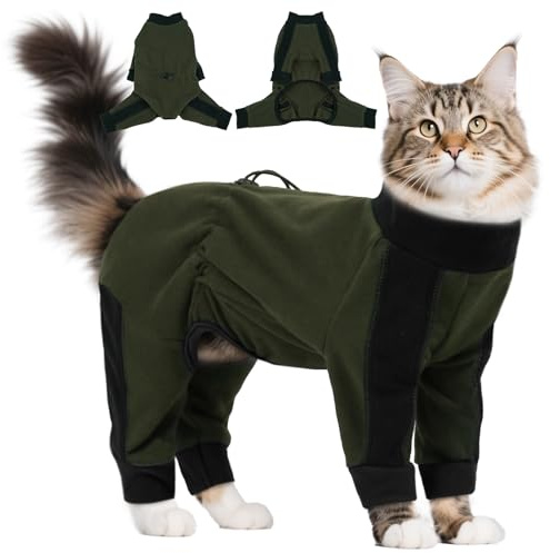 Hjyokuso Katzenbody Nach Op, Katzenpullover Fleece - Verhindert Haarverlust & Schützt Wunden, Ideal Für Frühling, Herbst, Winter, Schlafanzug - Weich, Elastisch, Klebt Fell - Grün M