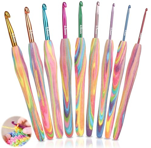 9Pcs Crochet Hooks Set with Grip Handle, Rainbow Crochet Hook Set, 2.0mm-6.0mm Ergonomic Crochet Hooks Sets, Aluminum Crochet Needles for Beginners and Experienced Crochet Lover