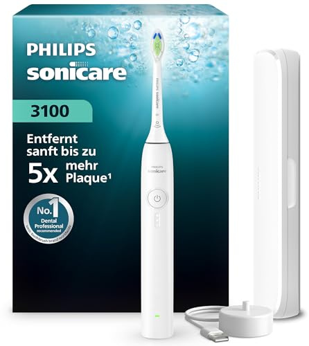 Philips Sonicare Series 3100 Elektrische Zahnbürste – Schallzahnbürste mit Drucksensor, drei Intensitätsstufen, EasyStart, SmarTimer, 14 Tage Laufzeit, Reiseetui, Weiß, HX4033/21, [Neu]