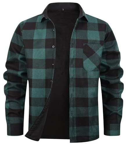 Chemise à carreaux pour homme - Coupe ajustée - Manches longues - Doublure chaude - Automne - Hiver - Avec poche de poitrine - Chemise classique à carreaux pour homme, Noir/vert, M
