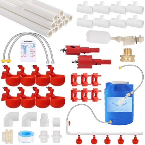 PONDON Chicken Waterer System, 8 Cups, Complete Automatic Poultry Watering Kit, Float Valve, Pvc Pipelines Set, Pipe Connectors Inside