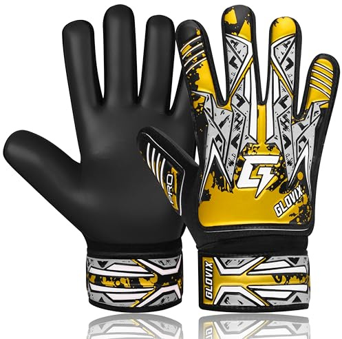 GLOVIX Kids Goalkeeper Gloves for Boys & Girls–Junior Football Goalie Gloves with Super Grip Latex Palm, Breathable Mesh & Secure Wrist Strap–Youth Soccer Gloves for Training & Matches (Golden, 4)