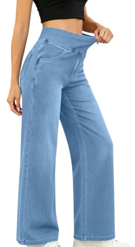 Linkpig kvinnor hög midja elastiska raka ben jeans vardaglig stretch denimbyxor med fickor för arbete affärskläder