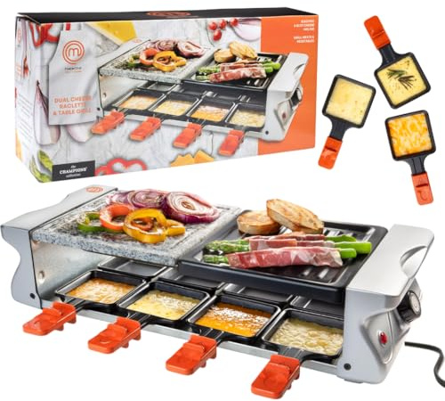 MasterChef Electric Raclette Table Grill w Non-Stick Grilling Plate & Cooking Stone- 8 Person Tabletop Cooker for Indoor, Smokeless, Korean BBQ - Melt Cheese, Cook Meat, Veggies, Appetizers-19 x 8
