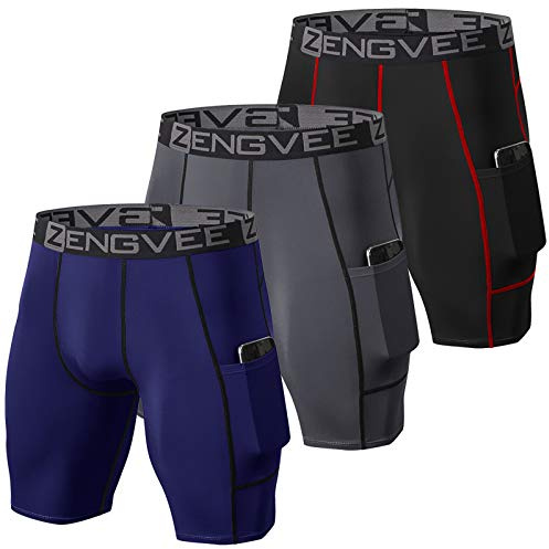 ZENGVEE Men's 3 Pezzi Scaldamuscoli Uomo Calcio Cool Dry Pantaloncini Compressione with Phone Pockets(Navyblue Gray Black-2XL)