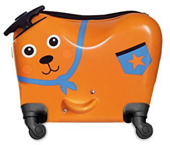 OOPS Resväska för barn med mångsidig dragrem och utdragbart handtag, Björn orange, S, Ride-on vagn – björn