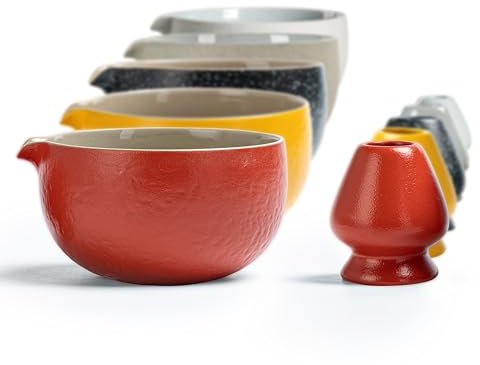 TEANAGOO Japanese Natural Rock Texture Matcha Chawan with Whisk Rest, 18 OZ. K19, Grapefruit-Red, Matcha Tea Bowl, Ceramic Bowl, Tea Bowls for Matcha, Ceramic Matcha Bowl Traditional Ceremonial