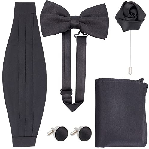GORGECRAFT Formale Satin-Fliege Für Herren Satin-Schleife Schwarzes Fliege-Set Mit Sicherheitsbroschen Einstecktuch Eisernen Manschettenknopf Und Kummerbund Mit Zauberband Für Party Hochzeit