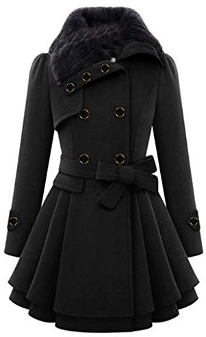 PLAZRU Double Breasted Faux Fur Collar Jacket Lapel Pea Coats for Women Winter Long Trench Coat with Belt Elegant Swing Coat