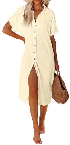 UMIPUBO Women Beach Cover Ups Casual Short Sleeve Beachwear Swimsuit Bikini Cover-Up Button Down Side Split Long Kimonos Bathing Suit Cardigans Beach Dress (Apricot, L)