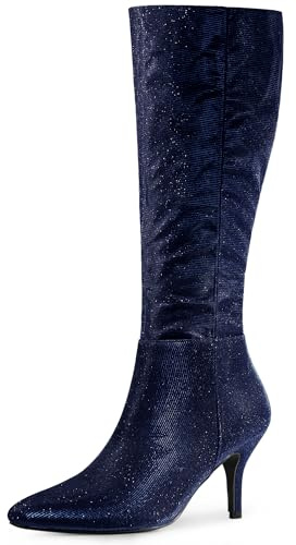Allegra K Bottes hautes à bout pointu et paillettes à talon aiguille pour femme, bleu foncé, 41 EU