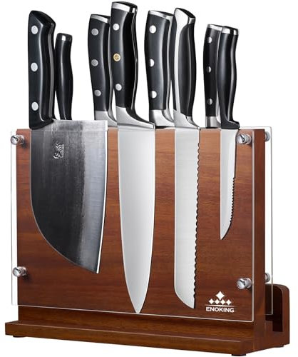 ENOKING Grande Porta Coltelli Cucina 31 x 23,5cm, Ceppo Porta Coltelli Doppio Lato MaGnetico con Schermo Acrilico, Premium Ceppo Coltelli Vuoto, Portacoltelli da Cucina in Legno di Acacia