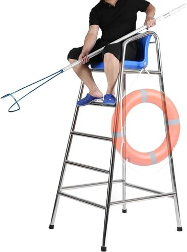 SAFWELAU Taburete Alto Escalera 70,8 Pulgadas Silla del Salvavidas de la Piscina, Sillas de observación de Playa para Interiores y Exteriores, Taburete de Bar Desmontable de Acero Inoxidable