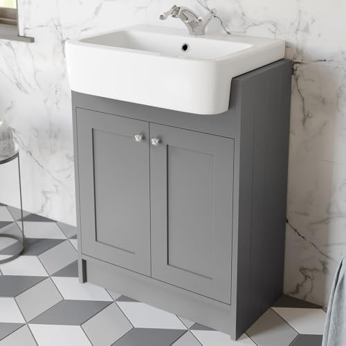 BAYSTONE 620mm Bathroom Vanity Unit Semi-Recessed Basin Sink Storage Cabinet Cupboard Freestanding, 1 Tap Hole Wash Basins, Double Door, Matt Grey