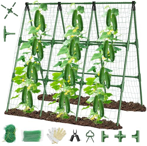 Enrejado para Pepinos y Plantas Trepadoras, Soporte en A Plegable 114 x135 cm, Kit de Malla para Tomates, Verduras y Jardín, Estructura de Acero Revestido con Red de Nailon y Accesorios de Montaje