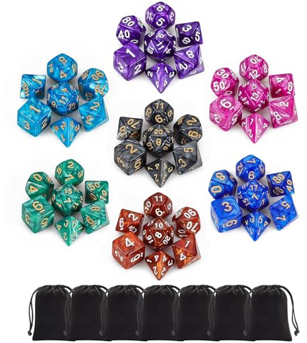 QMay Polyhedral Dice Set - 7 x 7 (49 Pieces) DND Dice with 7PCS Black Drawstring Bags Great for Dungeons and Dragons, RPG, MTG,Role Playing Table Games D4 D6 D8 D10 D% D12 D20
