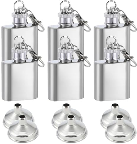 Thatyro 6 petacas pequeñas de acero inoxidable con embudo de 1 onza/30 ml, petaca portátil de bolsillo con llavero, pequeña botella de metal para whisky, botella de vino para hombres y mujeres, licor