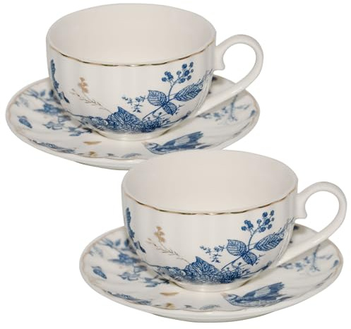 KAITOER Tazze da tè e piattini Tazze da caffè Cappuccino Espresso Latte Mugs Speciale Linea Oro Ceramica Tazza Porcellana Tazze da tè Set di 2 (7 oz) per regali, feste, incontri