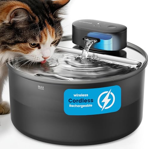 oneisall Cat Water Fountain Stainless Steel Tray: 108oz/3.2L Wireless Pet Fountain for Cats Indoor, Rechargeable Battery Operated Automatic Cordless Water Dispenser for Drinking, Ultra Quiet, BPA-Free