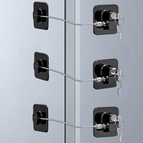Refrigerator Lock with Key- Heavy Duty Combination Fridge Lock, Child/Baby Proofing Tool for Cabinets, Closets, Drawers, Window and More, Easy Install and Use (Black-3 Pack)