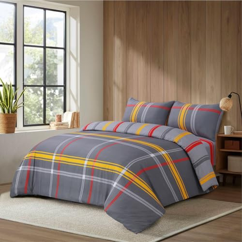 Hadi London Luxury 4 Piece Bedding Set – Duvet Cover, Fitted Sheet & 2 Pillowcases | Wrinkle-Free, Fade Resistant – Floral & Check Designs (DOUBLE, Hampton)