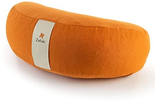 Zafuki, Zafu meditación media luna desenfundable, NARANJA, cojín yoga, tejido 100% algodón, relleno cáscara espelta ecológica
