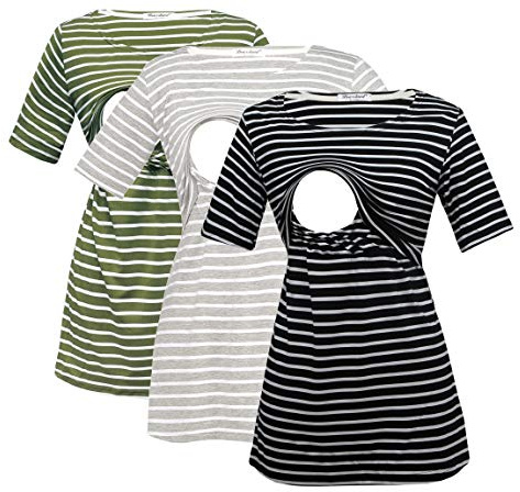Bearsland Women's 3 Packs Maternity Nursing Tops Short Sleeve Breastfeeding Shirts,grewitstpblkwitstpgreenstp,S