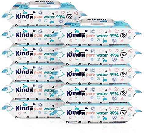 Kindii Feuchttücher Pure Water 99% – (12x60 Stück) Feuchttücher für Babys und Kinder – unparfümiert, dermatologisch getestet, empfindliche Haut – 720 Stück