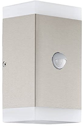 EGLO LED Afuena Lámpara de pared Carpinera, 2 lámparas exteriores de llama con detector de movimiento, sensor de anochecer, luz de pared de acero inoxidable, Cálida blanca, GU10, IP44