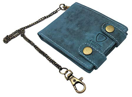 J. Wilson London Designer Genuine Leather Biker's Wallet Motorbike Vintage Distressed Long Detachable Metal Chain to Hang (Distressed Blue)