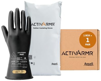 Ansell ActivArmr Guantes Aislantes Dieléctricos, Protección Eléctrica Class 00 (Tensión 500V), Trabajos con Electricidad, Látex de Caucho Natural, 28cm, Negro, Talla L (1 Par)