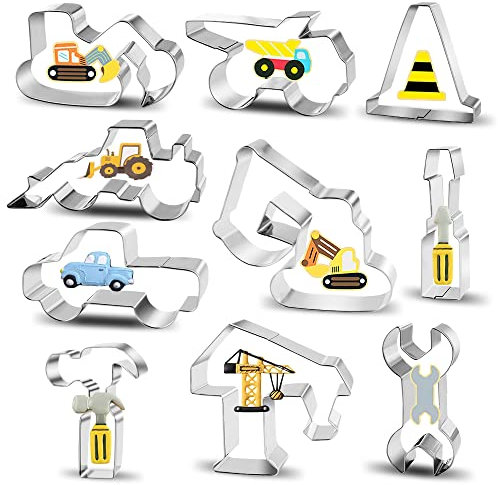 Konstruktion Ausstecher, Ausstechform, 10 Stück teilig-Bagger Digger Traktor Keksausstecher, Plätzchen Ausstecher aus Edelstahl, DIY Fondant Plätzchenausstecher Set für Kinder Geburtstag Party Deko