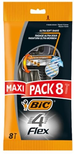BIC 4 Flex Rasoi Usa e Getta Uomo con Barra Protettiva in Gomma e Banda Emolliente - Confezione da 8