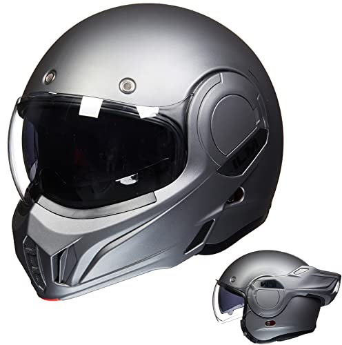 ILM Motorbike Motorcycle Helmet Full Face Modular Flip Up Vintage for Adults Men Women ATV UTV with 180° Reversible Chin Guard ECE Model-B707, Matte Gray , L