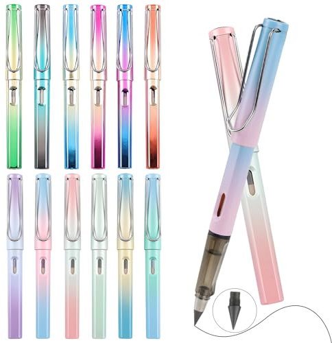 Anevios 12 Stück Ewiger Bleistift mit Radiergummi Tintenloser Langlebiger Magischer Bleistifte Ergonomischer für Kinder und Erwachsene zum Schreiben Zeichnen (12 Farben)