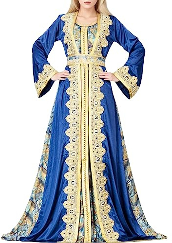 Caftán Largo Árabe Étnico Estilo Oriental - Vestido de Verano Africano Musulmán Real Dubai para Mujer, Bohemio, Playa, Gran Tamaño, Azul, L