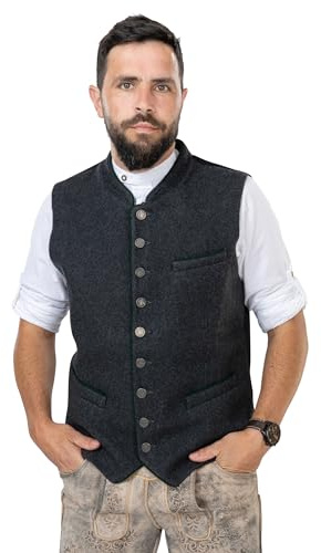 Men's Wool Costume Vest - Loden Vest Grey for Oktoberfest | Traditional Wool Vest for Leather Trousers - Traditional Gilet Benedict, gray, 38