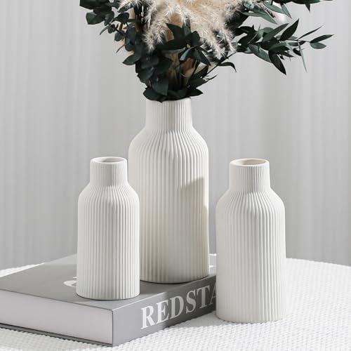 Hanaomaoyi Jarrón de cerámica blanca, jarrón pequeño de hierba de las pampas para decoración, mesa de comedor, decoración de estantes, chimenea, decoración de entrada y centros de mesa, minimalista,