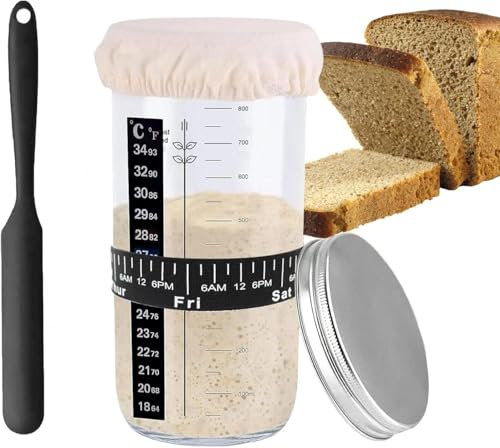 Verre à levain de 1000 ml avec spatule en silicone, kit de démarrage avec papier thermique, couvercle en tissu cousu et couvercle en métal, date marquée, bande d'alimentation, accessoire de cuisson